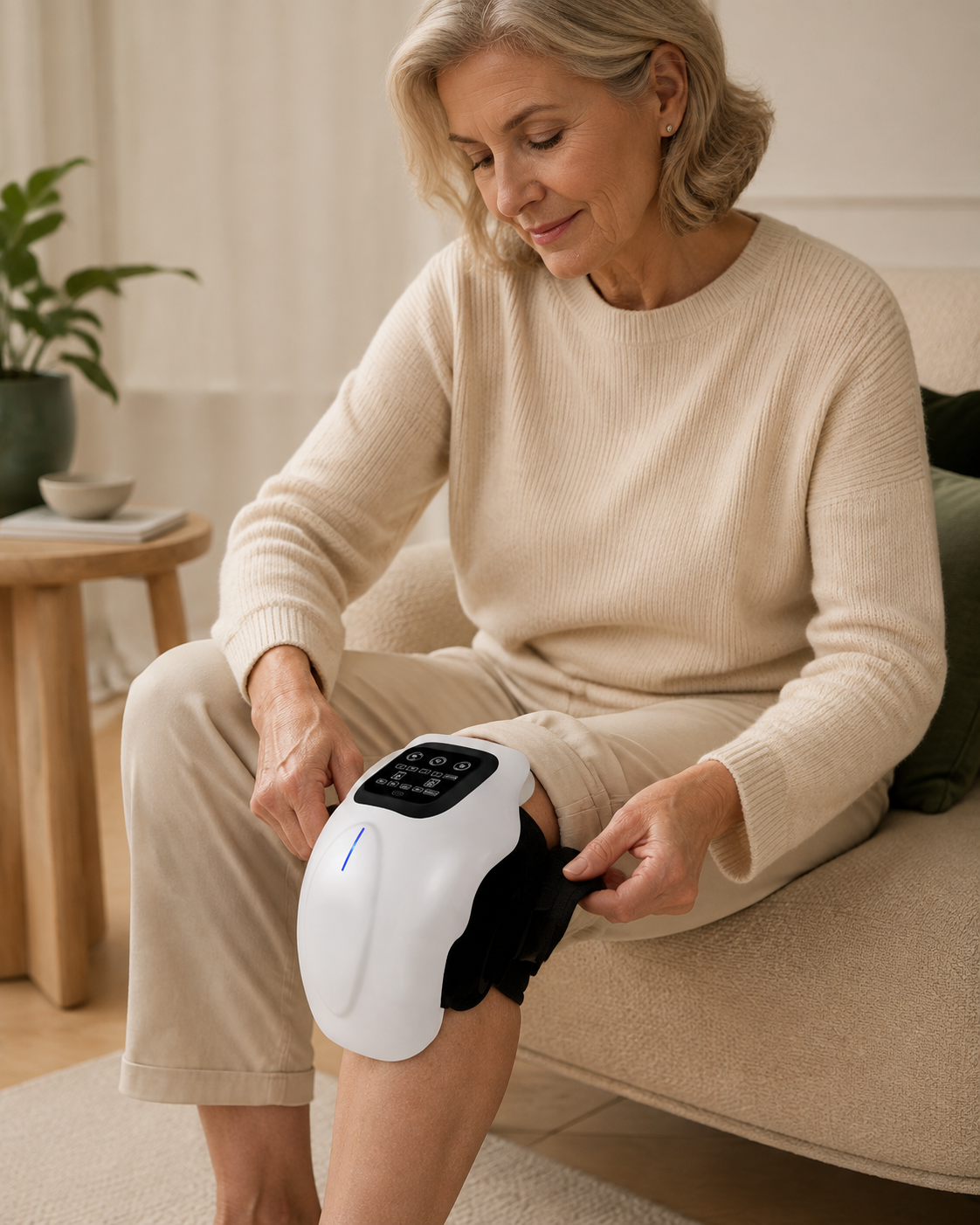 FOTO 2 — De schaal om een knie, van opzij, zodat je ziet dat hij rondom sluit